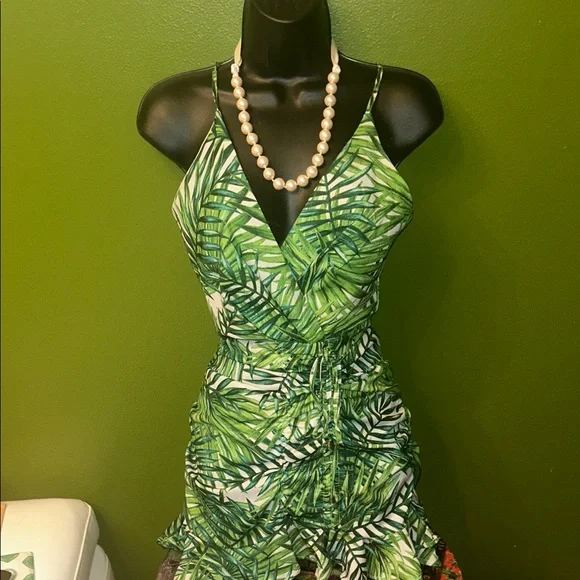 Luxxel Green Leaf Print Dress(adjustable straps) - Picture 1 of 10